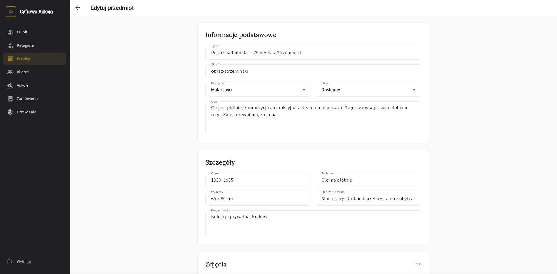 Formularz dodawania przedmiotu do katalogu z polami: tytuł, kategoria, opis, proweniencja