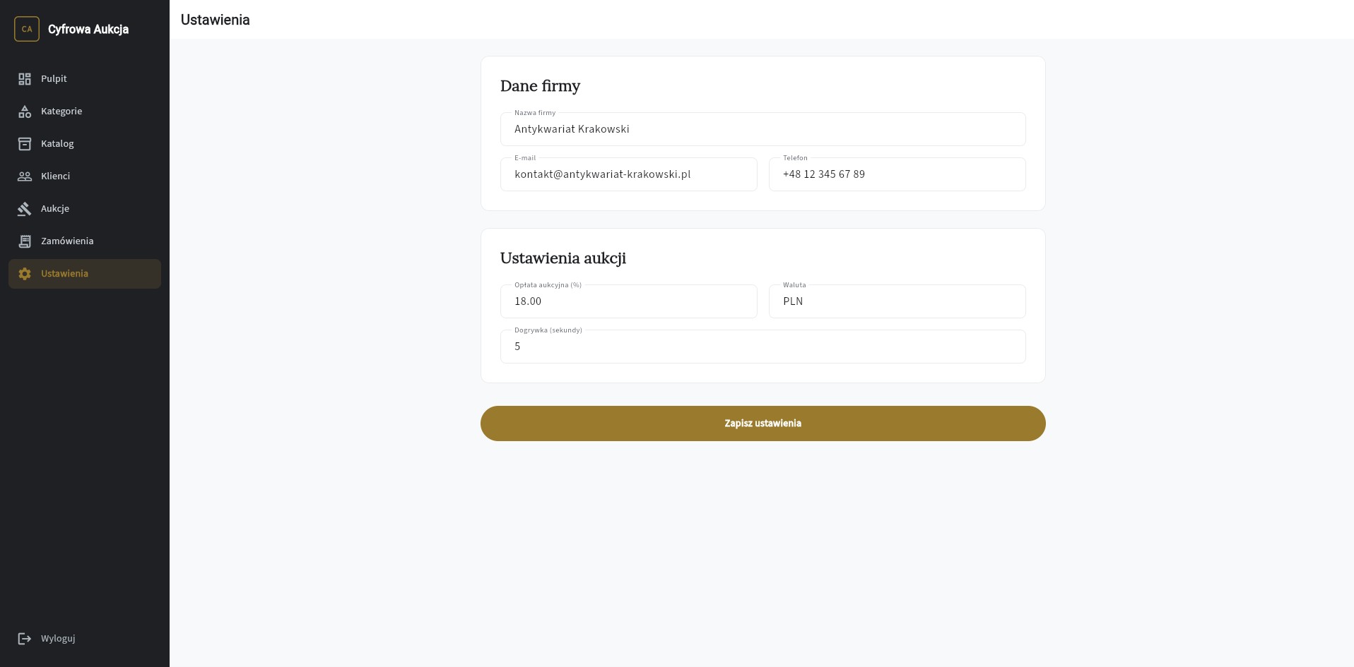 Ustawienia firmy: nazwa, dane kontaktowe, opłata aukcyjna, waluta