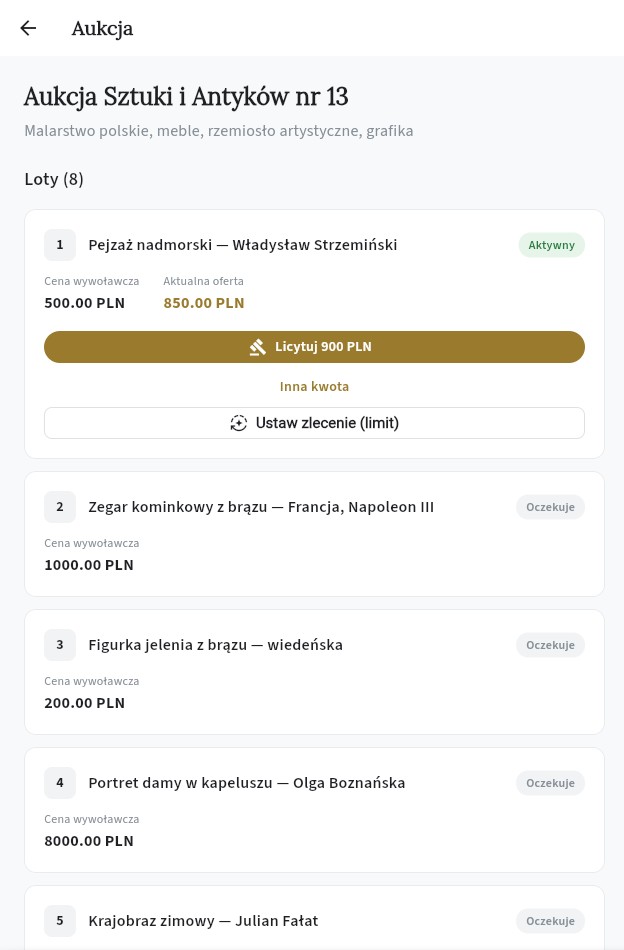 Ekran licytacji na żywo z aktualną ceną i przyciskiem licytuj