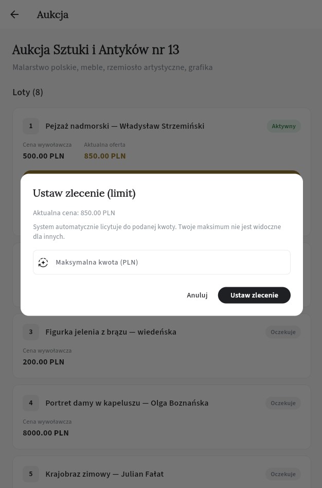 Dialog ustawiania automatycznego licytowania z polem maksymalnej kwoty